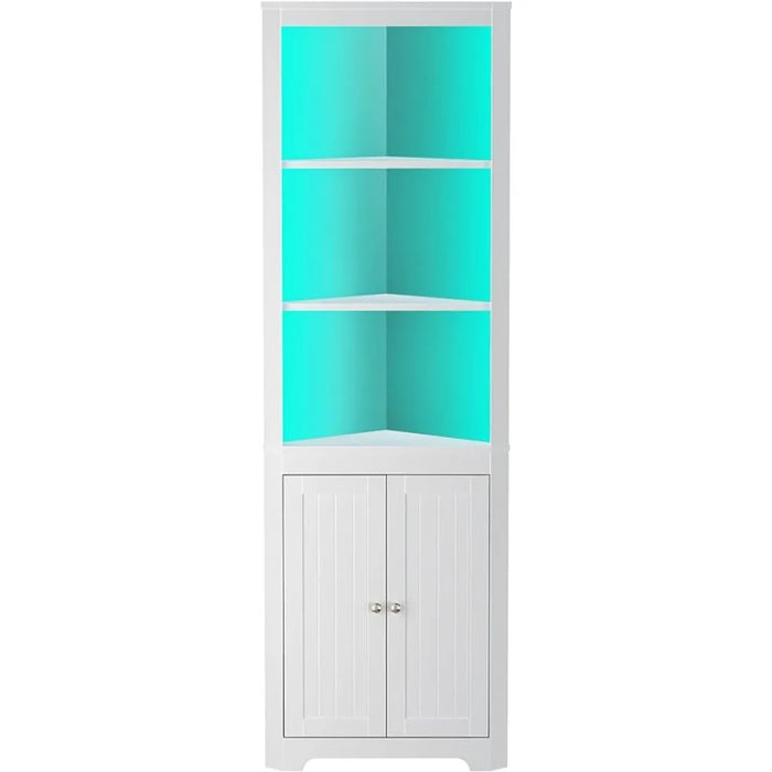 Corner Shelf with LED Light, White Cabinet, 5-Tier Storage Cabinet with Doors, Tall Bookshelf Corner Stand
