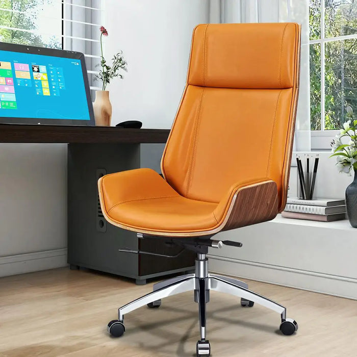 Orange Aniline Leather Ergonomic Office Chair Armless Chair Desk Chair Walnut Wood