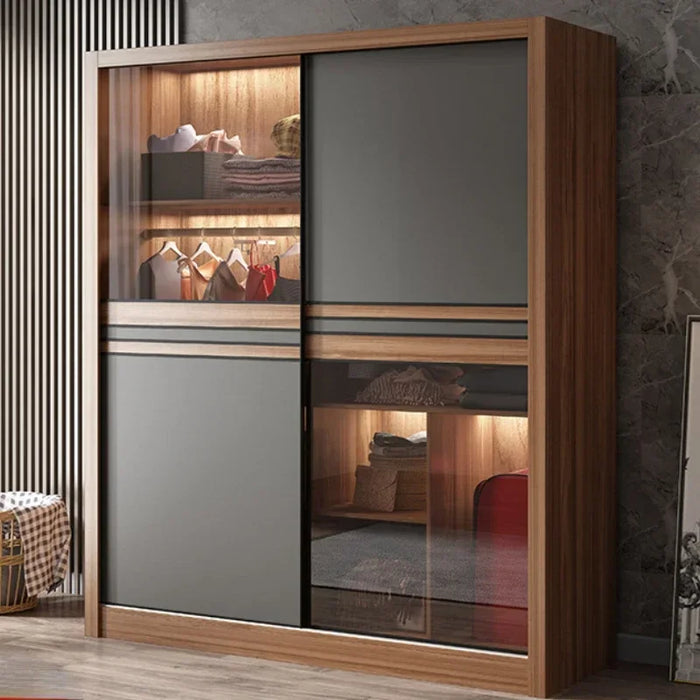 Simple Bedroom Organizer Wardrobe Clothes Nordic Wooden Wardrobe Glass Sliding Door Space Saver Design Armario Home Furniture
