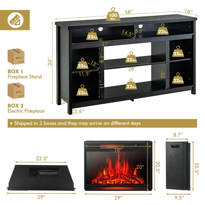Costway 58" Fireplace TV Stand Entertainment Console w/ Spacious Tabletop & Shelves
