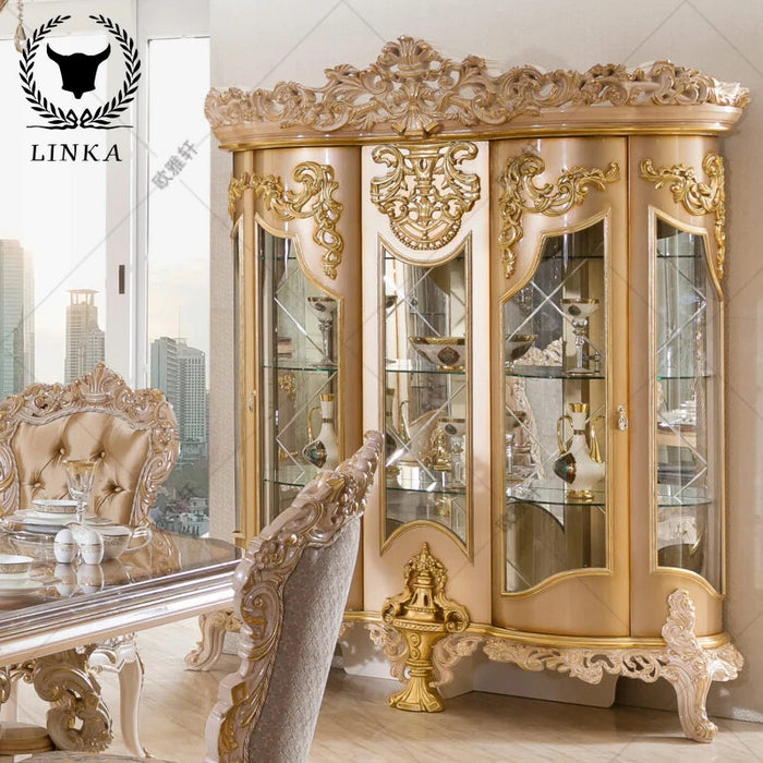 Italy custom all solid wood carved dining tables and chairs combination European carved gold foil long dining table