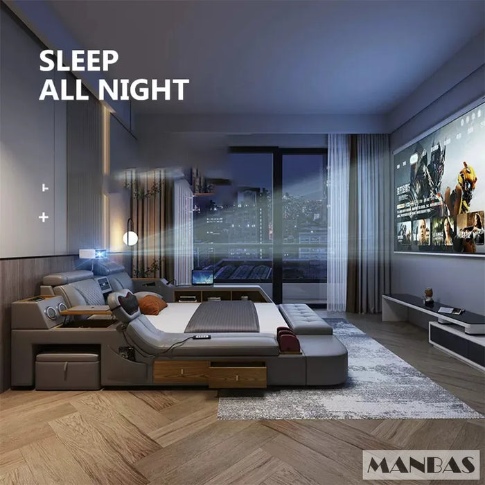 MINGDIBAO Tech Smart Bed - the Ultimate Multifunctional Bedframe with Genuine Leather, Massage, Speaker, Projector, Air Purifier