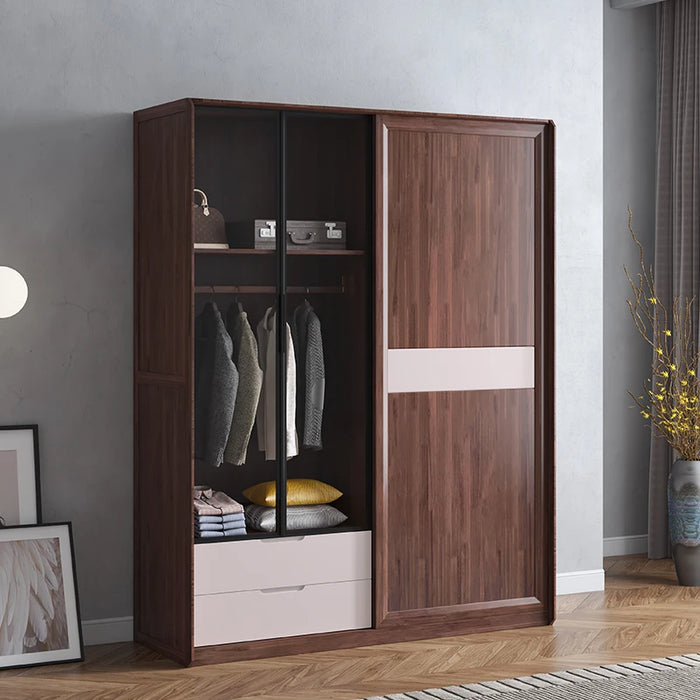 Custom solid wood sliding wardrobe two-door sliding door glass Japanese-style small apartment home bedroom with drawers modern m