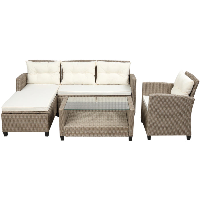 Patio Furniture Outdoor Sets,4 Piece Conversation Set Wicker Ratten Sectional Sofa with Seat Cushion,Tempered Glass Coffee Table