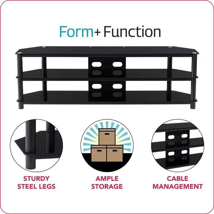 CorLiving Travers 3 Tier Tempered Safety Glass Steel Frame TV Bench Stand for TVs Up To 85 Inches with Cable Management System