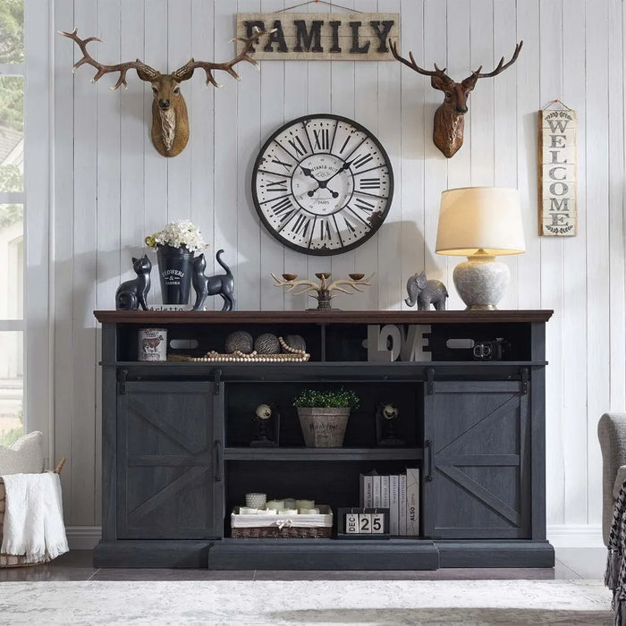SinCiDo Farmhouse TV Stand for 80 Inch TVs, 39" Tall Entertainment Center w/Double Sliding Barn Door, Large Media Console