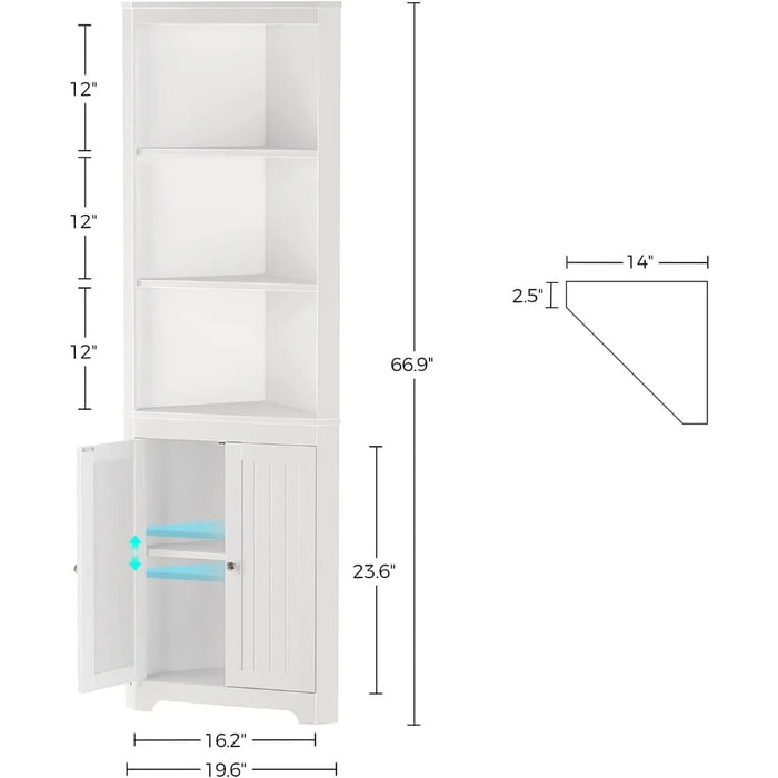 Corner Shelf with LED Light, White Cabinet, 5-Tier Storage Cabinet with Doors, Tall Bookshelf Corner Stand