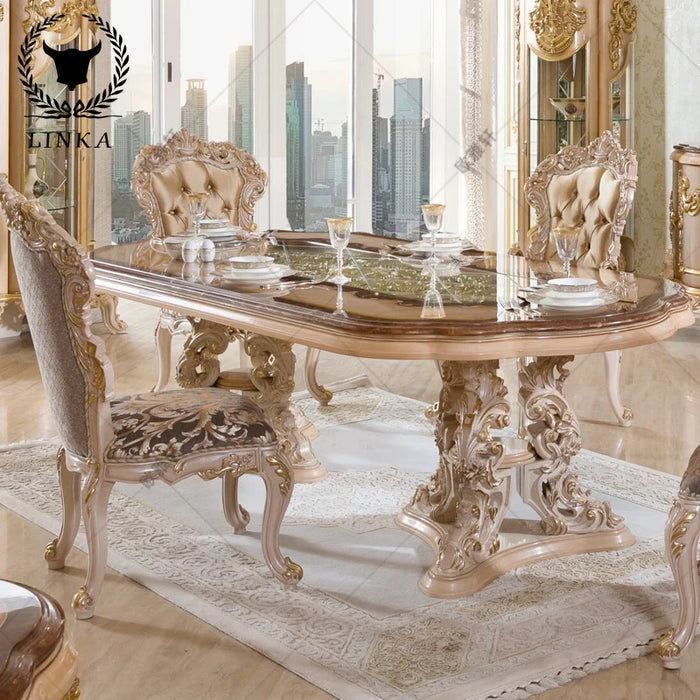Italy custom all solid wood carved dining tables and chairs combination European carved gold foil long dining table