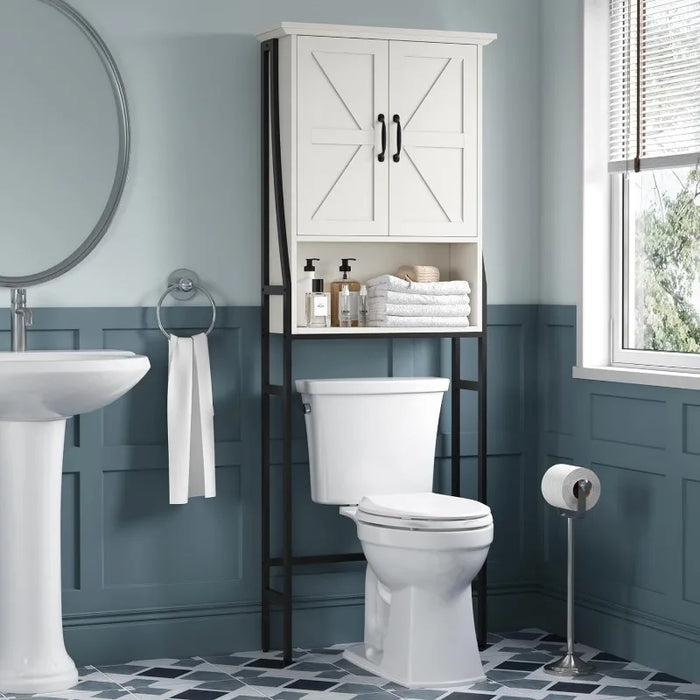 Over The Toilet Storage Cabinet, Over Toilet Bathroom Organizer, Above Toilet Storage Cabinet with Barn Doors Behind Toilet
