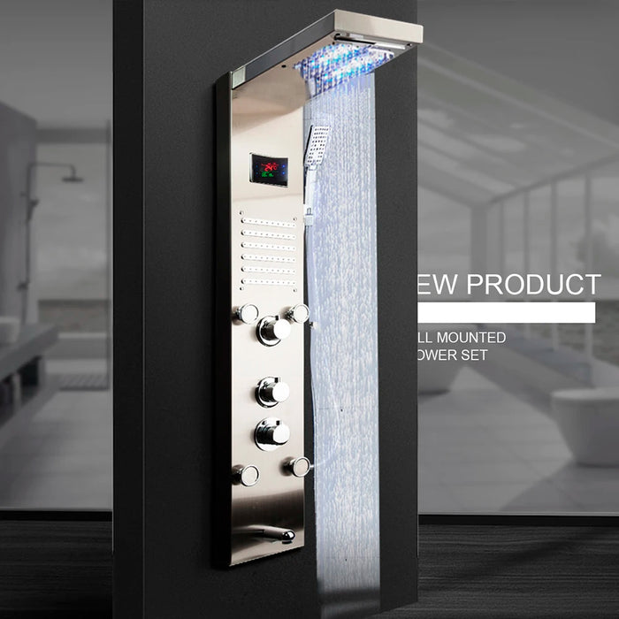 OUBONI Nickel Brushed Dark Grey Digital Display Shower Panel Column LED Rain Waterfall Shower Spa Jets Bath Shower Mixer Faucet