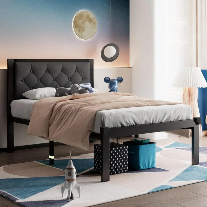 Sofa Bed Base and Frame Twin Size Metal Bed Frame With Linen Upholstered Headboard Mattresses Steel Slats Support Gray Daybed
