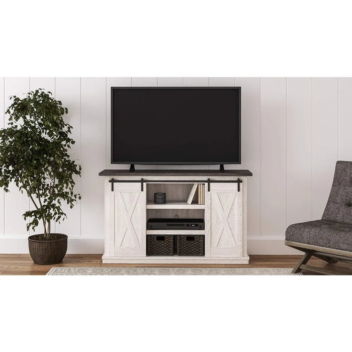 Signature Design Farmhouse TV Stand Fits TVs up to 50" with Sliding Barn Doors and Storage Shelves, Whitewash & Gray