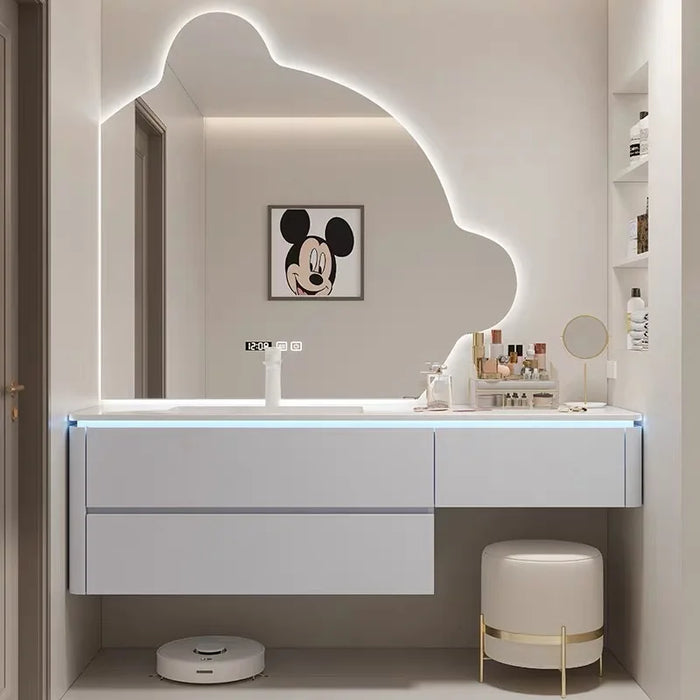Cream Oak Bathroom Cabinet, Dresser, Combination Toilet, Rock Slab, Seamless Basin, Vanity, Sink, Bathroom Cabinet