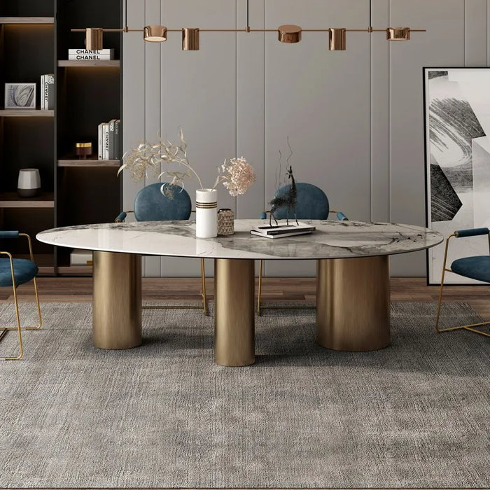 Italian Bright Oval Slate Dining Table Chair Combination Large Family Modern Minimalist Luxury Villa Mesa Comedor Furniture WK