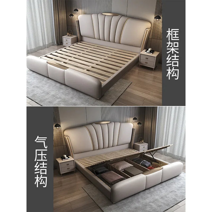 Italian light luxury leather bed, 1.8m master bedroom double bed, modern minimalist leather art bed, 1.5m high box storage bed