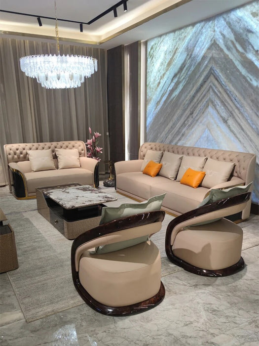 Italian light luxury leather sofa villa large high-end luxury straight row high back layer cowhide combination