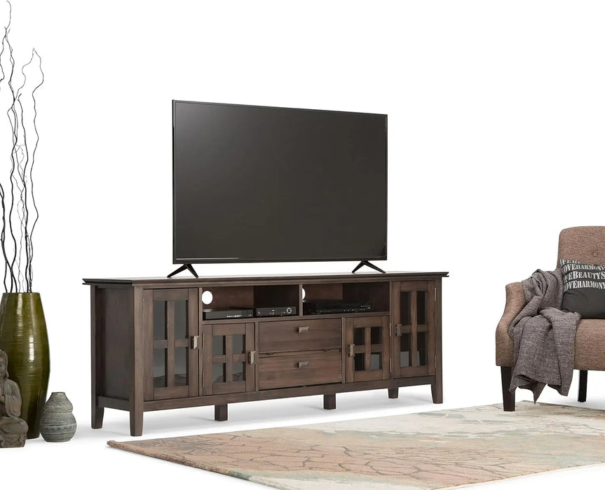SIMPLIHOME Artisan SOLID WOOD 72 Inch Wide Transitional TV Media Stand in Natural Aged Brown for TVs up to 80 Inch