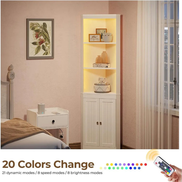 Corner Shelf with LED Light, White Cabinet, 5-Tier Storage Cabinet with Doors, Tall Bookshelf Corner Stand