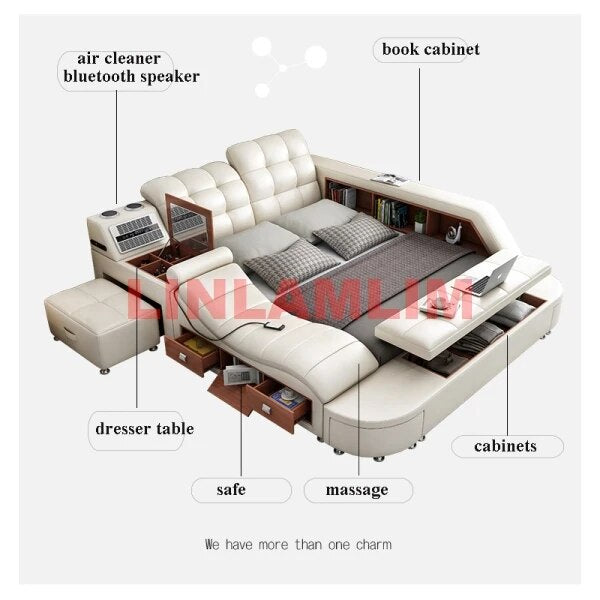 Linlamlim Genuine Leather Multifunctional Bed Ultimate Massage Camas Tech Smart Tatami Beds a Bluetooth,Speaker,Air Cleaner,Safe