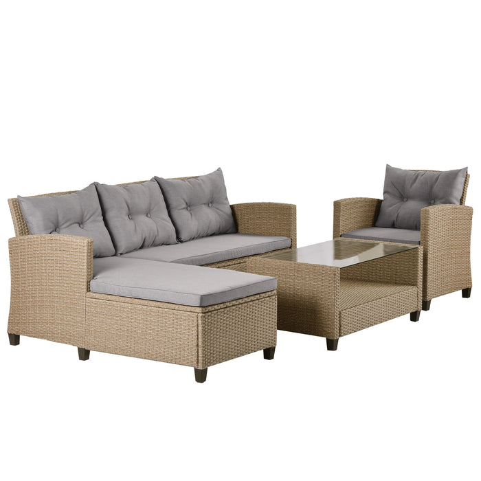 Patio Furniture Outdoor Sets,4 Piece Conversation Set Wicker Ratten Sectional Sofa with Seat Cushion,Tempered Glass Coffee Table