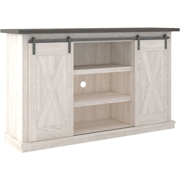 Signature Design Farmhouse TV Stand Fits TVs up to 50" with Sliding Barn Doors and Storage Shelves, Whitewash & Gray
