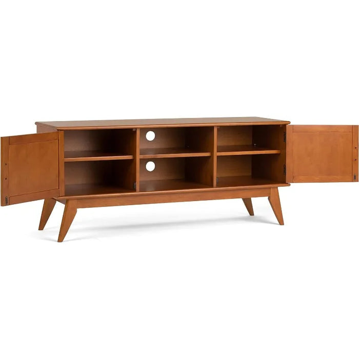 SIMPLIHOME Draper SOLID HARDWOOD 60 Inch Wide Mid Century Modern TV Media Stand in Teak Brown For TVs up to 65 Inches