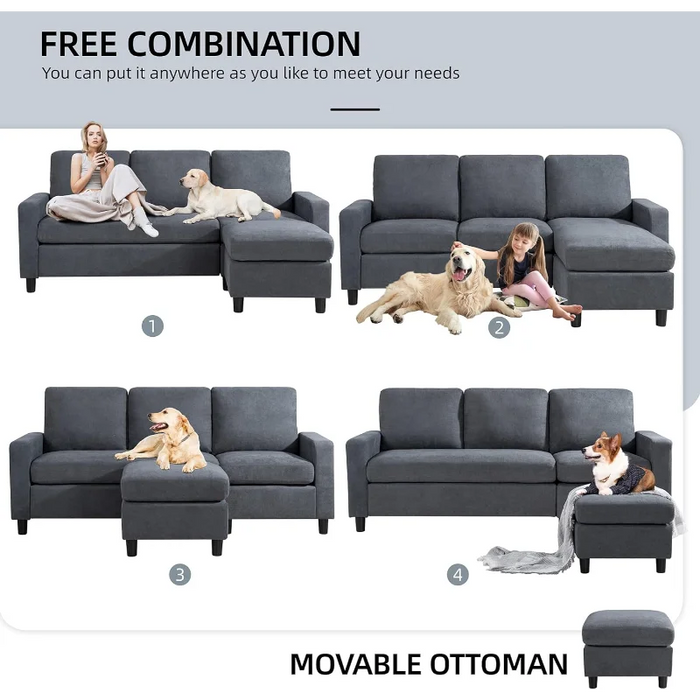 Shintenchi Convertible Sectional Sofa Couch, Modern Linen Fabric L-Shaped , 3-Seat Sofa Sectional with  Space (Dark Grey)