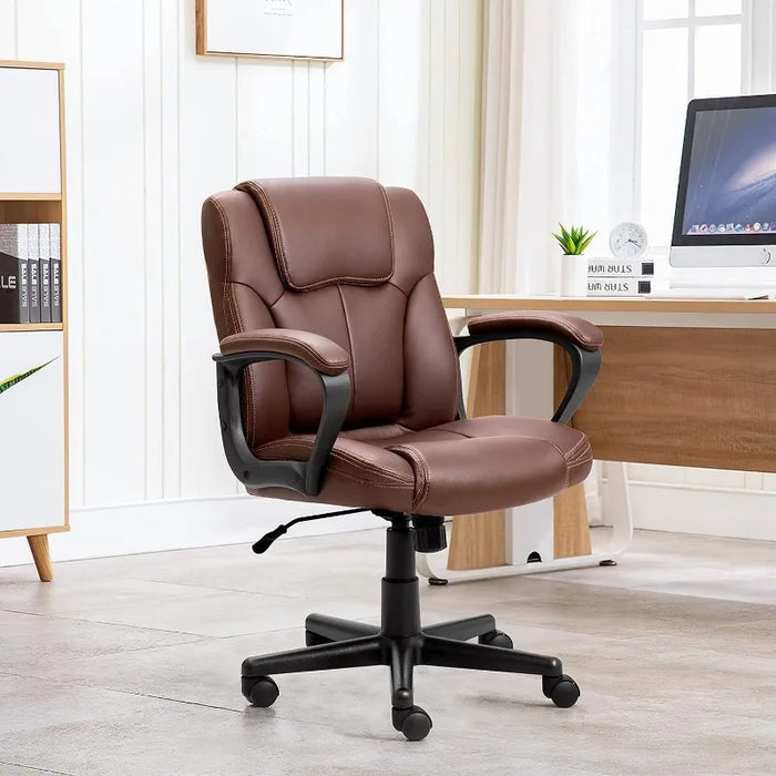 Shahoo Executive Office Chair Swivel Task Seat with Ergonomic Mid-Back, Waist Support, PU Leather, Brown Office Furniture