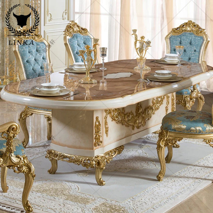 Custom court furniture European luxury aristocratic gold foil parquet long table villa dining table and chair combination