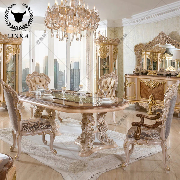 Italy custom all solid wood carved dining tables and chairs combination European carved gold foil long dining table