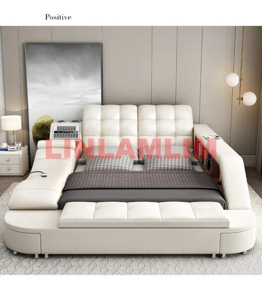 Linlamlim Genuine Leather Multifunctional Bed Ultimate Massage Camas Tech Smart Tatami Beds a Bluetooth,Speaker,Air Cleaner,Safe