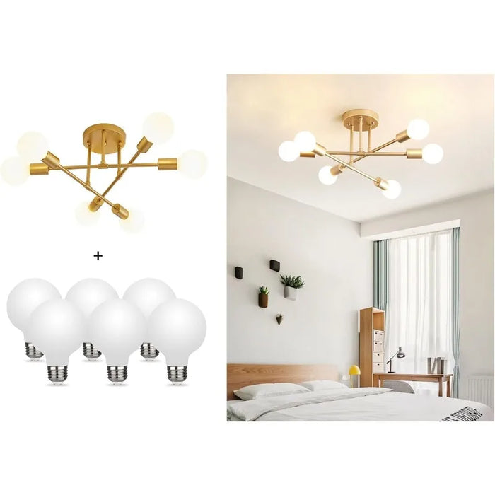 Dellemade Modern Sputnik Chandelier, 6-Light Ceiling Light, 6 LED Light Bulbs Included(Black/Gold)optional