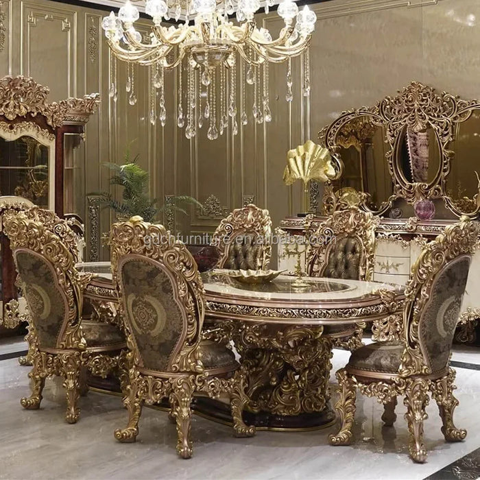 New French Hand Carved Antique Wood European Royal Baroque Round Dining Table and Chair Solid Wood Table Sets