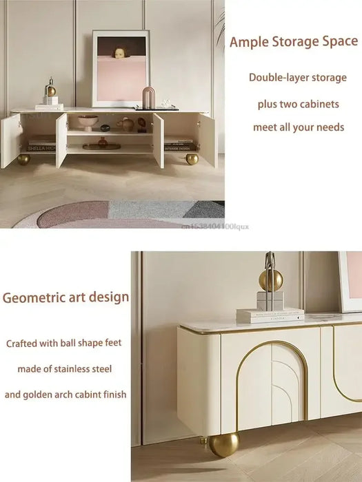 Cream Style TV Cabinets Large Storage Gold Ball Stainless Steel Feet Pressed Doors Concise TV Stand Living Room Furniture