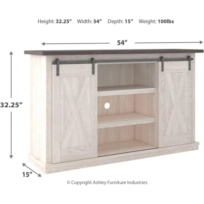 Signature Design Farmhouse TV Stand Fits TVs up to 50" with Sliding Barn Doors and Storage Shelves, Whitewash & Gray