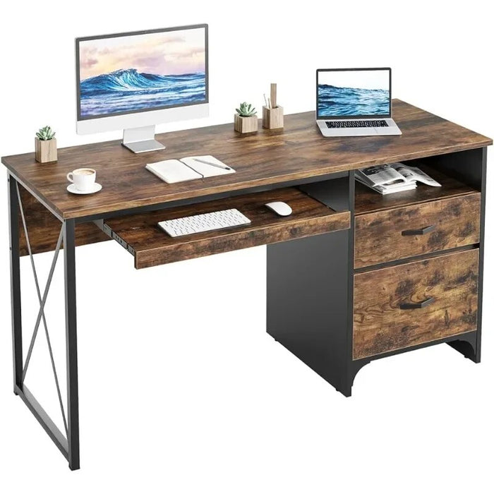 55 inch Industrial Computer Desk with Storage, Wood Teacher Desk with Keyboard Tray & File Drawer for Home Office