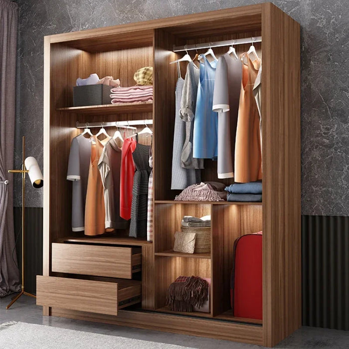 Simple Bedroom Organizer Wardrobe Clothes Nordic Wooden Wardrobe Glass Sliding Door Space Saver Design Armario Home Furniture
