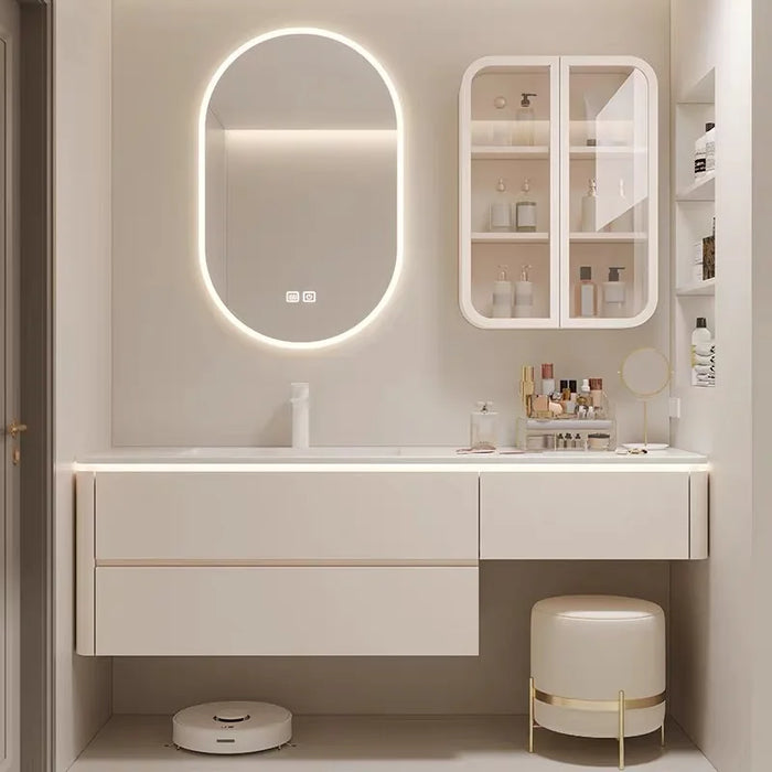 Cream Oak Bathroom Cabinet, Dresser, Combination Toilet, Rock Slab, Seamless Basin, Vanity, Sink, Bathroom Cabinet