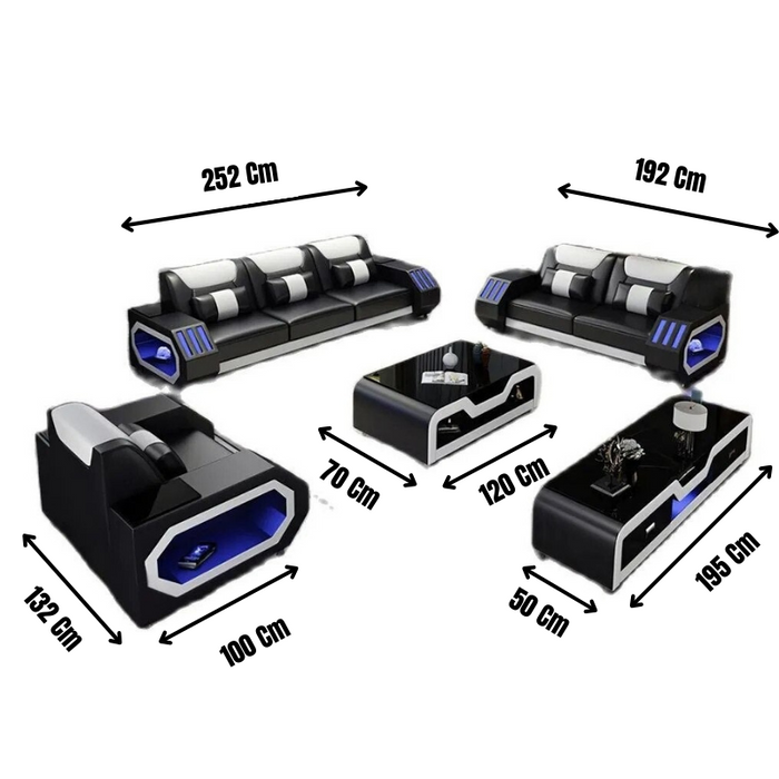 MANBAS Leather Sofa Set with LED Light Living Room Furniture Couch Sofas Modernos Para Sala Grandes Sofás with USB Charging,Tabl