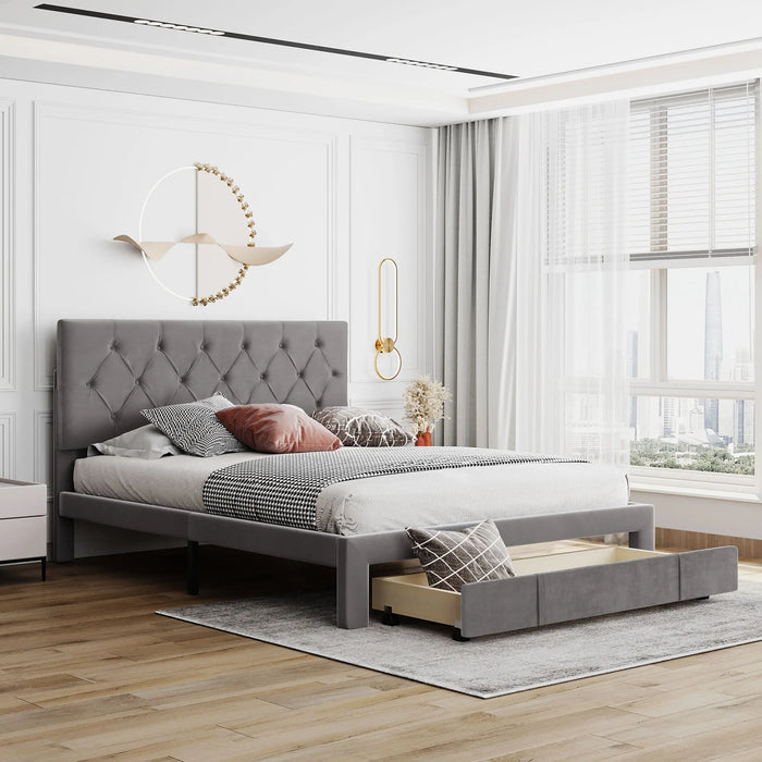Full /Queen Size Storage Bed Velvet Upholstered Platform Bed with a Big Drawer,Velvet Upholstered Storage Platform Bed