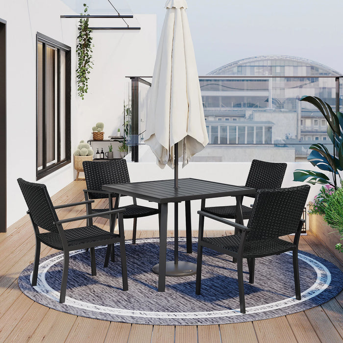 Outdoor patio PE wicker 5-piece dining table set with umbrella hole and 4 garden dining chairs, deck, black frame + black rattan