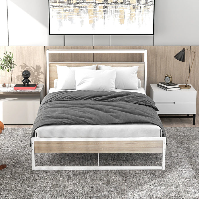Full /Queen Size Metal Platform Bed Frame with Sockets, USB Ports and Slat Support ,No Box Spring Needed
