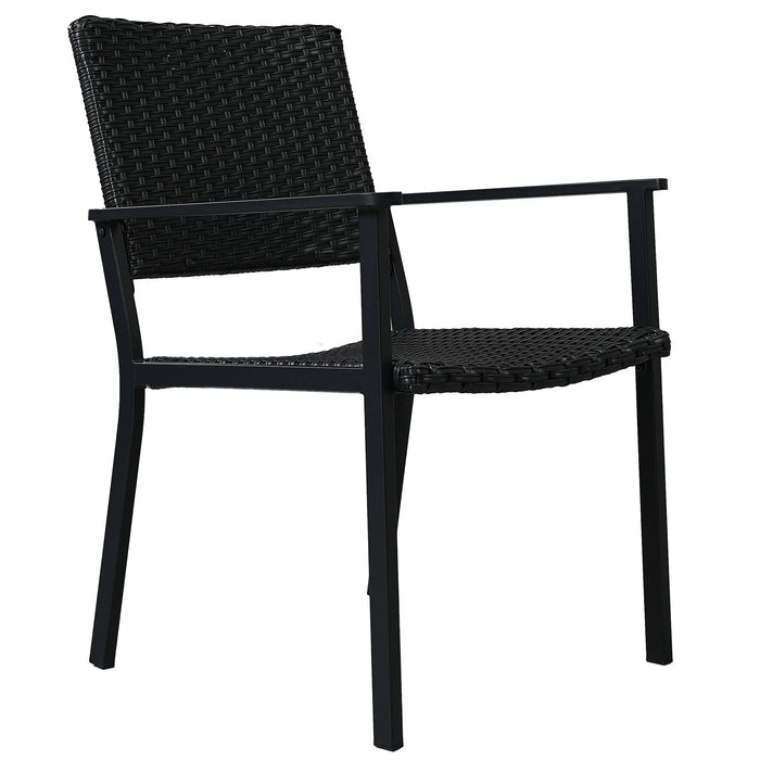 Outdoor patio PE wicker 5-piece dining table set with umbrella hole and 4 garden dining chairs, deck, black frame + black rattan