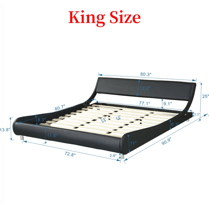 King/Queen Faux Leather Upholstered Platform Bed Frame W/Led Lighting Curve Design Wood Slat Support Black/White/Gray[US-W]