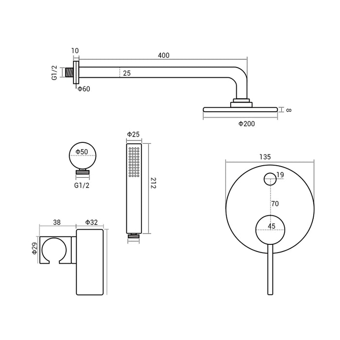 Brushed Gold Shower System Set Shower Mixer 8-12 Inch Rainfall Wall Mounted Hot And Cold Diverter Ways Bathroom Tap