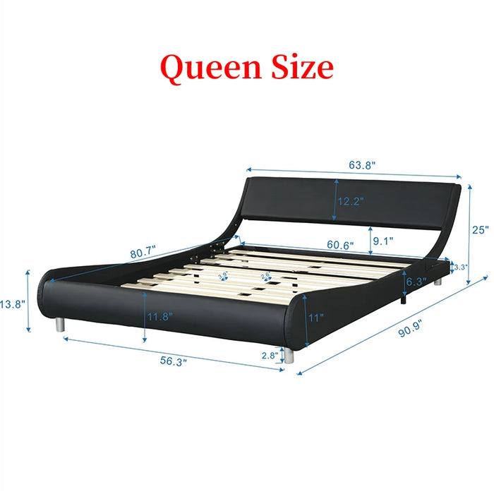 King/Queen Faux Leather Upholstered Platform Bed Frame W/Led Lighting Curve Design Wood Slat Support Black/White/Gray[US-W]