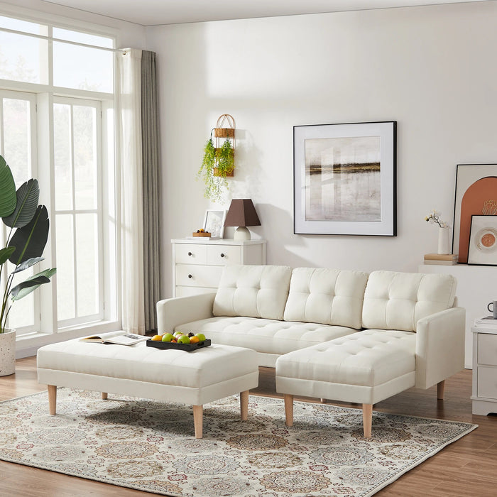 L-Shape Faux Leather Sectional Sofa Bed, Modern Sofa Chaise Lounge 3-Seat Sectional Couch Set with Ottoman Bench for Living Room