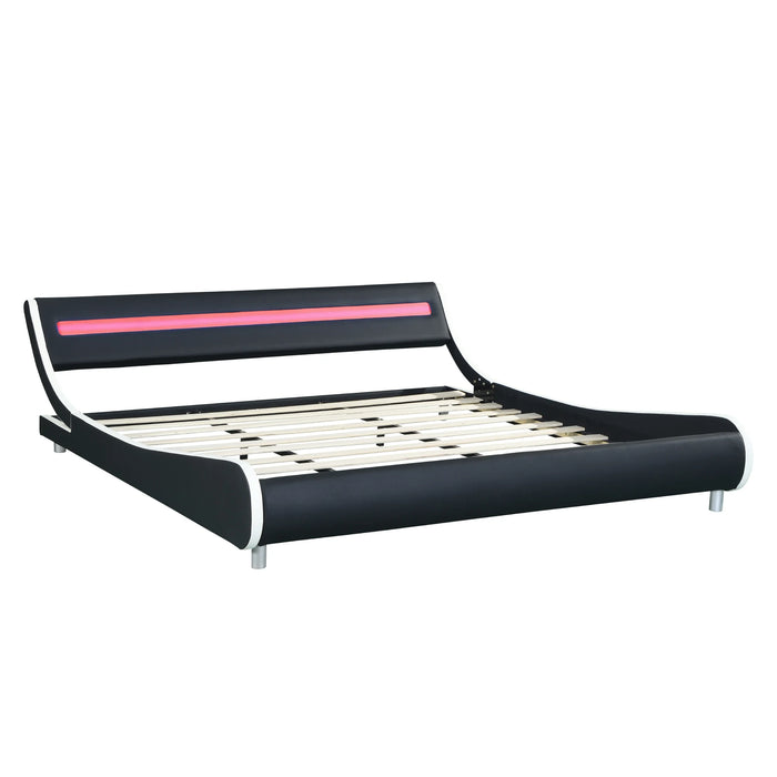 King/Queen Faux Leather Upholstered Platform Bed Frame W/Led Lighting Curve Design Wood Slat Support Black/White/Gray[US-W]