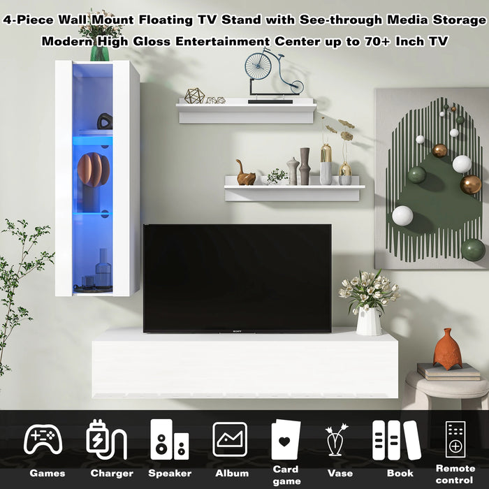 4Piece Wall Mount Floating TV Stand W/See-Through Media Storage Cabinet Modern High Gloss Entertainment Center Up to 70+ Inch TV