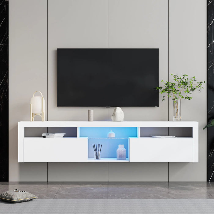 [Flash Sale]70" Modern Simple LED TV Stand W/2 Storage Cabinet&Open Shelves Wall Mountable for Living Room Bedroom White[US-W]